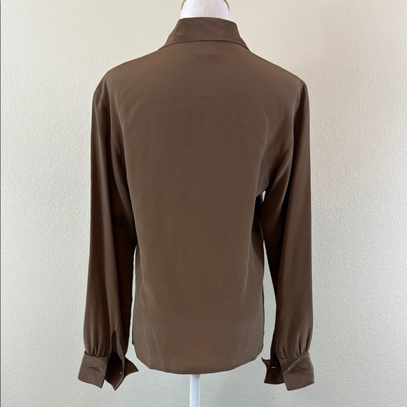 Vintage Calvin Klein Brown Ruffled 100% Silk Blouse with Cuffed Sleeves Small - Picture 3 of 8